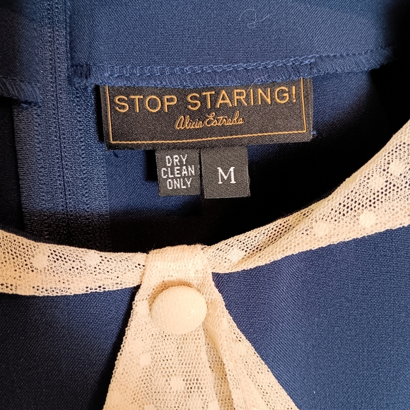 Stop Staring Raileen Navy & Cream 1940s Style Midi Dress Form Fitting Cap Sleeve - Picture 9 of 12